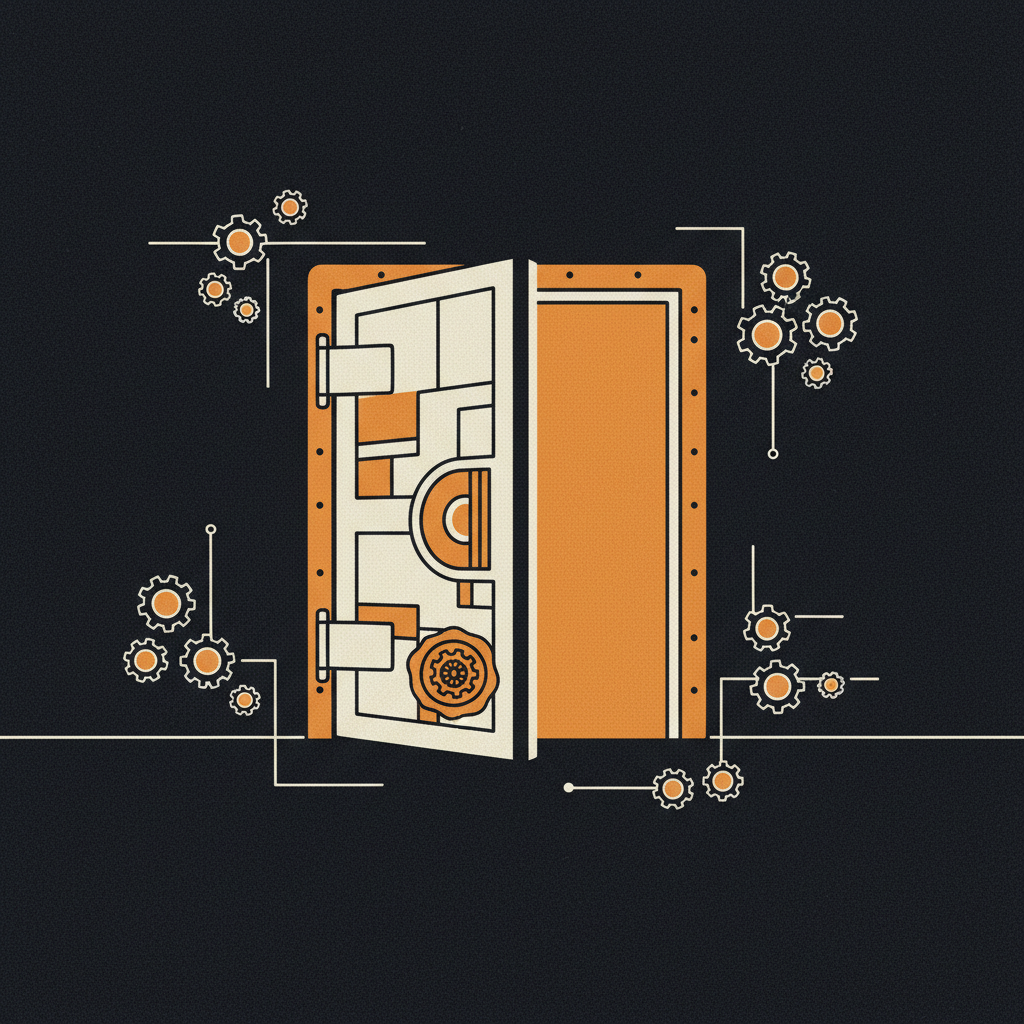 A vault door standing ajar in a dark wall, amber light seeping through the gap, surrounded by small gears.