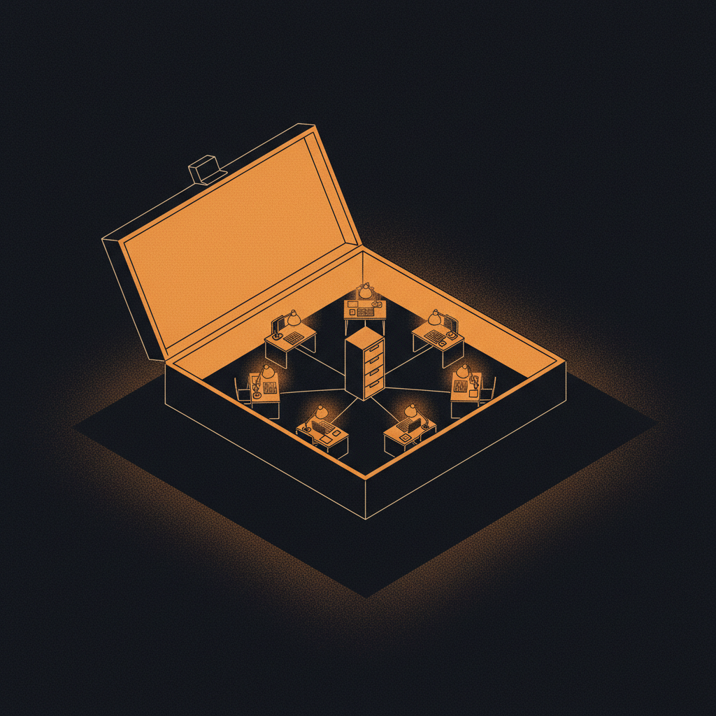 A miniature newsroom inside an open archive box: seven lit desks arranged in a ring, each connected by a thin line to a single filing cabinet at the center.
