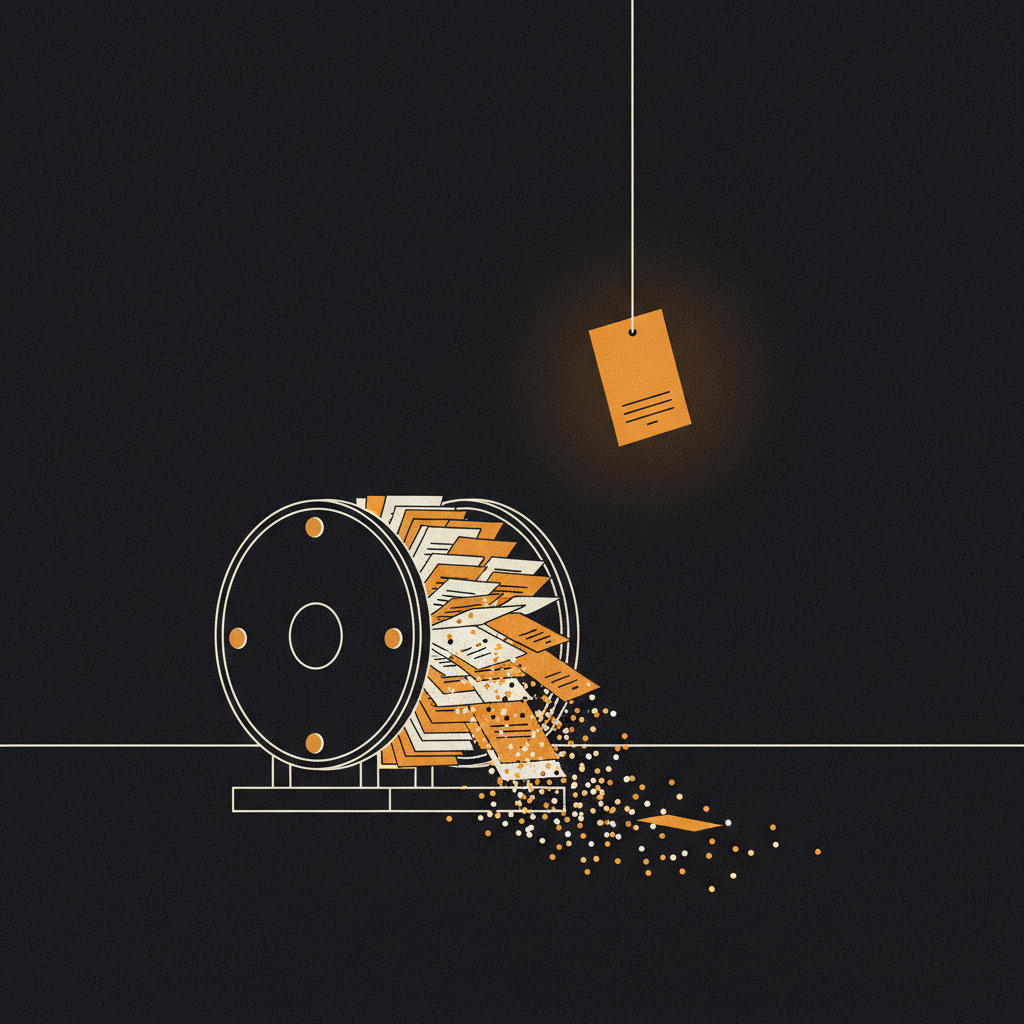 A rolodex tipped on its side at night, its cards spilling out and dissolving into scattered dots as they fall.
